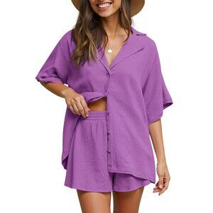 2 Piece Womens Outfit Sets Button Down Shirts and Shorts Casual Lounge Sets